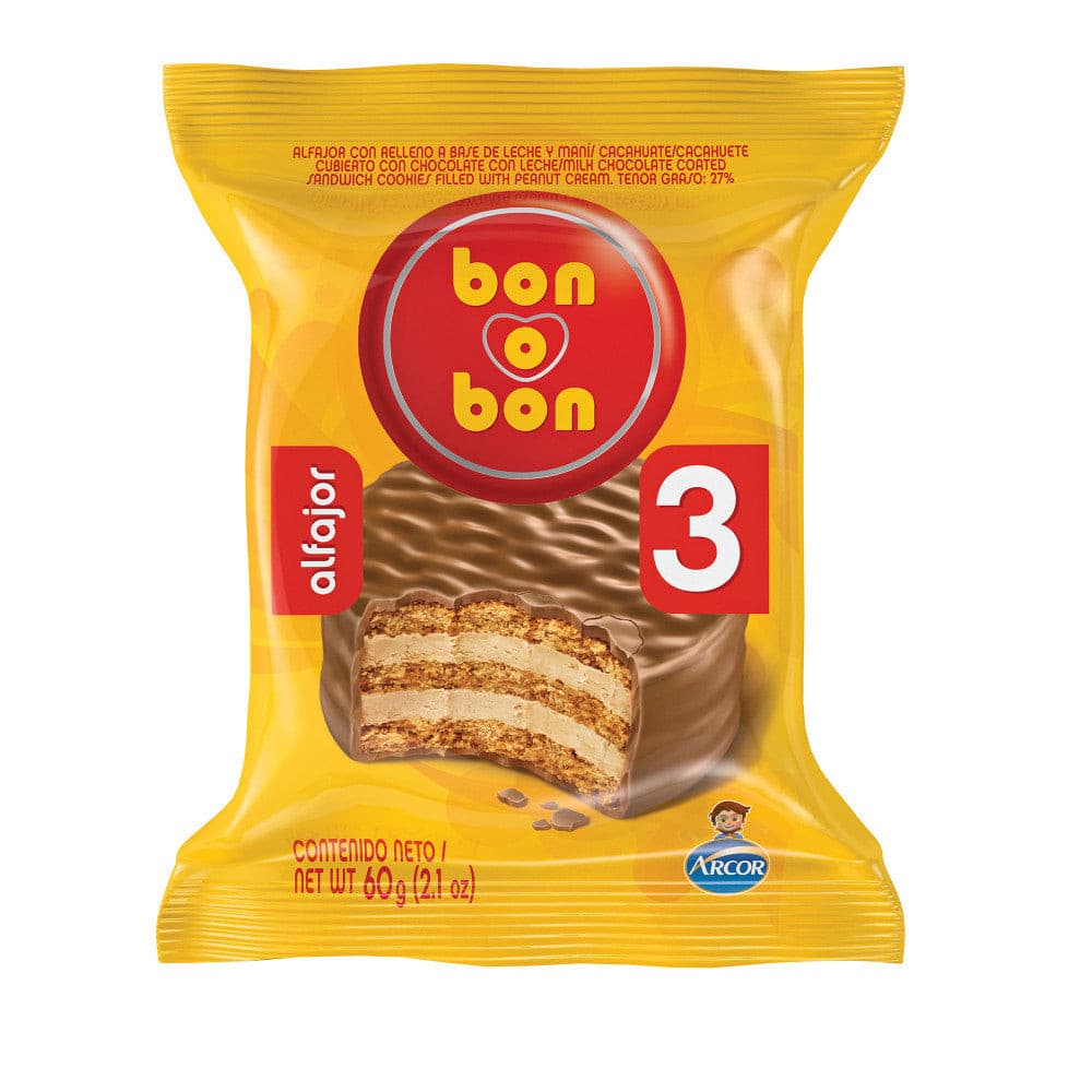 Bon O Bon Alfajor Triple with Peanut Butter and Milk Chocolate 60g / 2.1 oz