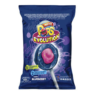 Arcor Mister Pops Evolution Blueberry Flavored Lollipops Filled With Tutti Frutti Bubblegum (Bag of 24) 432 g / 15.2 oz